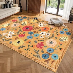 OMERAI Washable Area Rug 5'x7' Rugs for Living Room Floral Rug - Orange - *NEW* - Picture 1 of 9