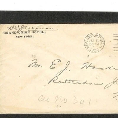 Entire Return Address "Grand Union Hotel, New York" pmk 2-17-1904 NY  Sta. H - Image 1 of 3