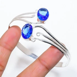 Blue Tanzanite Gemstone 925 Sterling Silver Handmade Jewelry Bangle Size 7-8" - Picture 1 of 1