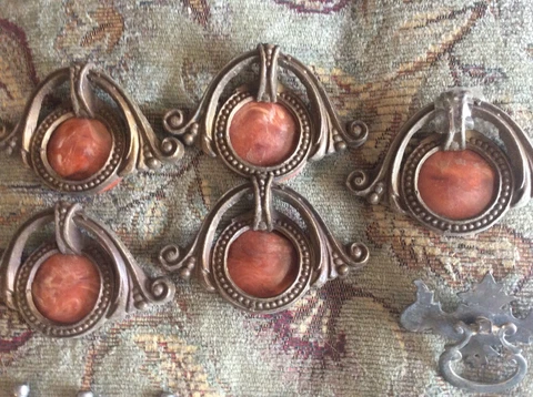 Five Vintage Bakelite Waterfall Art Deco Drawer pulls Ornate Brass Cover