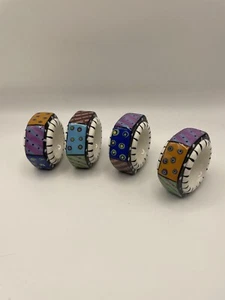 Ceramic Napkin Rings Hexagon Polka Dots Red Orange Pink Squares Set Of 4, - Picture 1 of 4