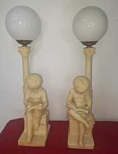 RARE VINTAGE PAIR ALABASTER AGTER ANTONIO CANOVA CHILDREN READING WRITING LAMPS - Picture 1 of 13