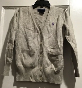 Polo Ralph Lauren Girls V-neck Cotton Cardigan Gray w/Purple Horse Logo Sz 5 EUC - Picture 1 of 6
