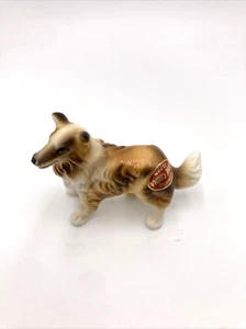 Vintage Mini Bone China Ceramic Border Collie Lassie Dog Figurine 1.8" Brown - Picture 1 of 5