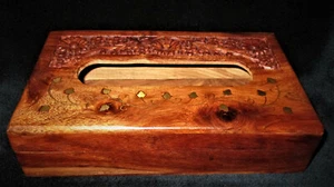 VINTAGE CARVED WOOD TISSUE BOX WITH BRASS INLAY VINE Origin Unknown 10x6x2 1/2" - Picture 1 of 12