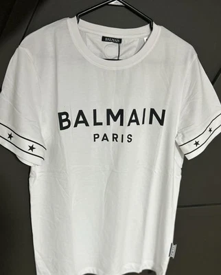 Camiseta Balmain Blanca Con Logo Flocado Y Estrellas Al Hombro - 2XL (59cm Ancho) Foto 1 de 4