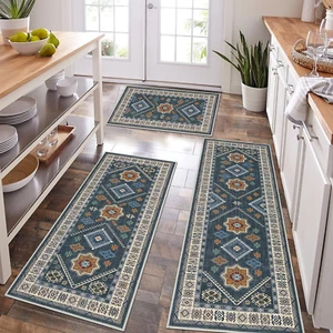 Boho Kitchen Rug Sets 3 Piece with Runner Non Slip Kitchen Rugs and Mats Blue - Picture 1 of 11