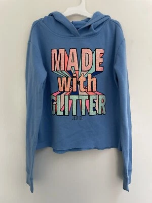 Justice Kid Girls Made With Glitter Cozy Fleece Long Sleeve Hoodie Light Blue 12 - Image 1 of 4