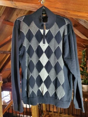 Suéter Tasso Elba Argyle Para Hombres XL Negro y Gris Pullover Tejido Algodón 1/4 Cremallera Foto 1 de 4