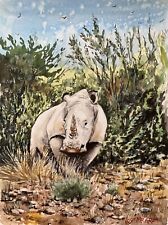 Original Watercolor  Painting African Rhinoceros 9" X 12" NOT A PRINT