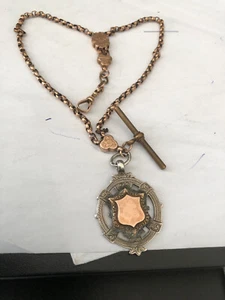9ct GOLD ALBERT WATCH CHAIN WITH SILVER SHIELD MEDAL. 10.4g - Picture 1 of 6