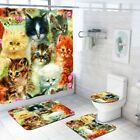 Cute Cartoon Cat Waterproof Shower Curtain NonSlip Bath Mat Toilet Lid Cover Set