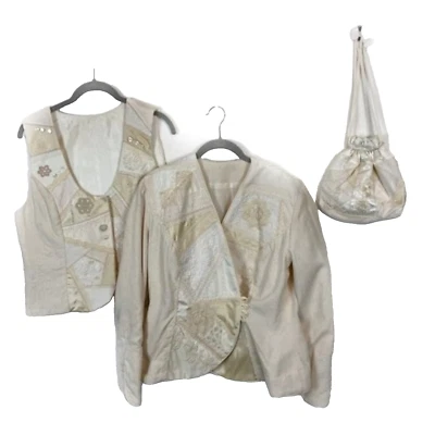 Jacket Vest Drawstring Bag Women Size M Angel Fairycore Cream Quilted Patchwork - Image 1 of 4
