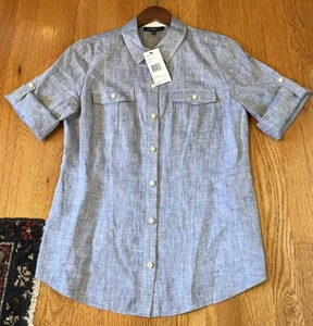 Lafayette 148 NY 100% Linen Rolled Tab Sleeve 8 breast side pockets NEW $248 NWT - Picture 1 of 7