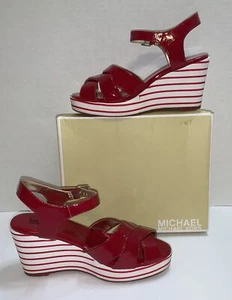 Michael Kors Red & White Stripe Patent leather Platform Wedges Size 5 Pre-owned - Picture 1 of 11