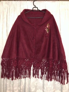 Cherry Red DIANA Peruvian Alpaca Floral Crochet fringed Poncho Cape Wrap - Picture 1 of 11