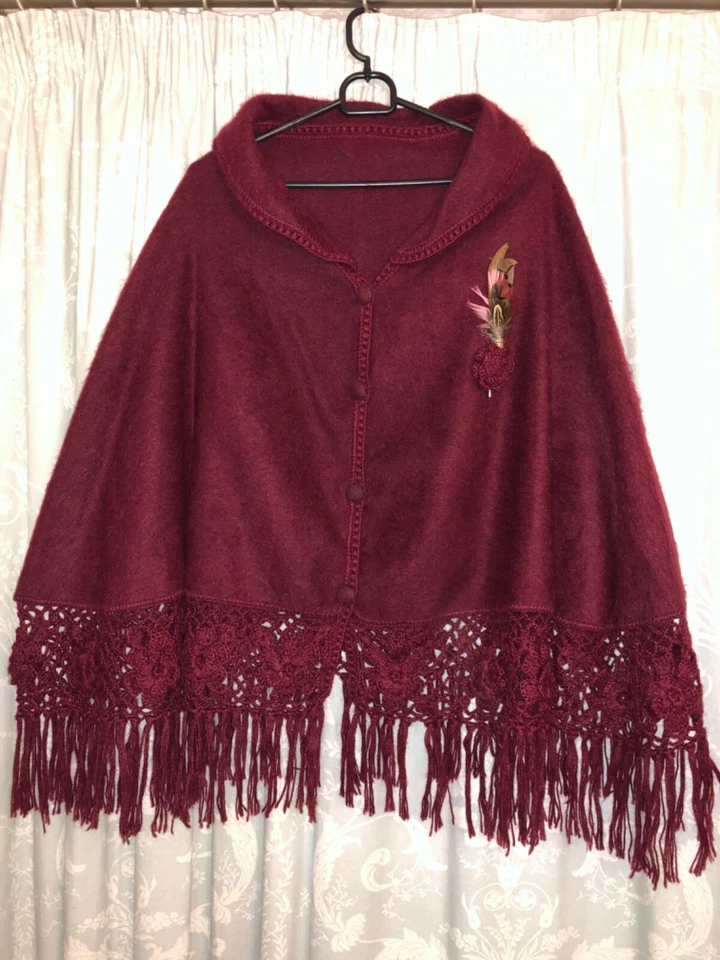 Cherry Red DIANA Peruvian Alpaca Floral Crochet fringed Poncho Cape Wrap - Image 1 of 4