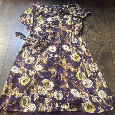 Lands' End 8P 紫色黄金多色花卉连衣裙短袖荷叶边 — 第 1/4 张图片