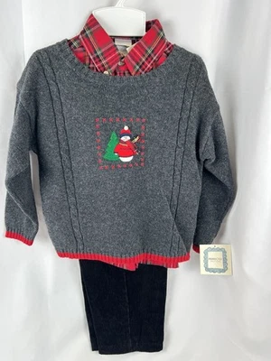 Completo natalizio/vacanze bambino 3 pezzi pantaloni camicia maglione con pupazzo di neve e albero 5T nuovo con etichette - Immagine 1 di 4