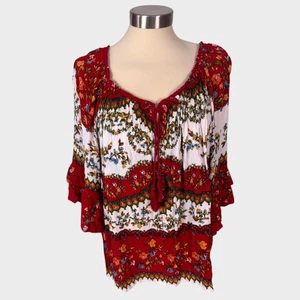 bila Boho-Top groß Made in India rot weiß Blumen Viskose 3/4 Arm - Bild 1 von 8
