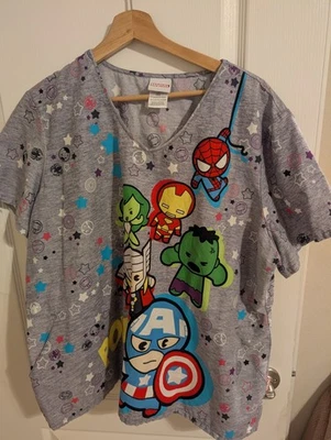 Marvel Avengers Cartoon Character Gray Scrub top With Funko Style Graphics XXXL - Image 1 of 4