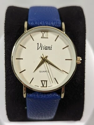 Vivani Womans White Dial Round Gold Tone Case Blue Faux Leather Band Watch - Image 1 of 4