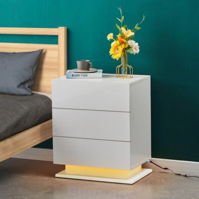 White High Gloss Bedside Table Cabinets  Nightstand LED Light Chest of 3 Drawers - Image 1 of 4