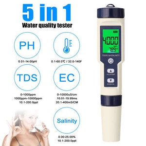 5 In 1 Digital PH Meter TDS EC Salt Temp Tester Pen Pool Water Quality Monitor - Picture 1 of 9