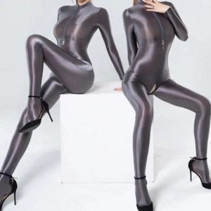 Womens Oil Shiny Glossy Catsuit Zipper Open Bust Bodysuit Zipper Crotch Jumpsuit - Picture 1 of 11