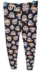 Shosho Womens L XL Leggings Sugar Skulls Hippie Goth Colorful Flower Pants - Picture 1 of 5