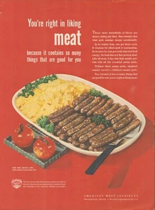 1947 American Meat Institute Schweinewurst Links & Rührei Druckanzeige - Bild 1 von 1