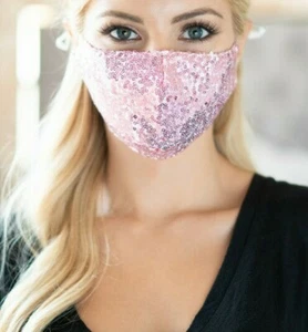 Black Sequin White Face Mask with Filter Pocket and Adjustable Ear Straps - Picture 1 of 2
