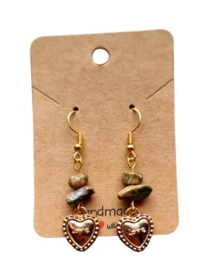 Unakite gemstone earrings Healing Crystals Earrings Gold Metal Heart Charm Cute - Image 1 of 4