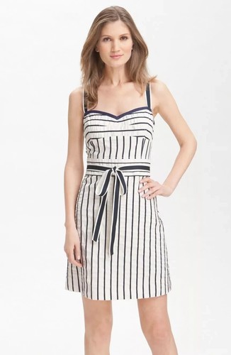 (SENZA CINTURA) TORY BURCH Avorio Navy Strisce Nautiche Kinsley Miscela di Cotone 2 XS