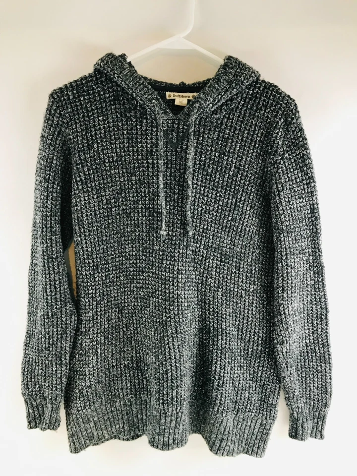 Sudadera con capucha tallada con volantes, pequeña grande para mujer, gris negro, tejida Foto 1 de 4