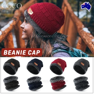Men Beanie Cap Black Hat Winter Knitted Soft Neck Warm Scarf Fleece Ski Hat - Picture 1 of 12