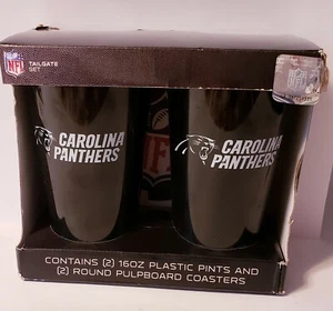 Juego de puerta trasera de los Carolina Panthers de la NFL ~ 2 pintas de plástico y 2 posavasos de pulpa - Imagen 1 de 2