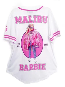 Camiseta de béisbol Barbie Malibú Camisa Top Blanca ROSA RARA Talla L XL NUEVA - Imagen 1 de 6