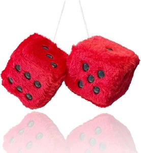 Fuzzy Plush Dice for Car Mirror, Pair of Retro 3” Red with Black  - Picture 1 of 6