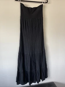 AERIE Strapless Black Smocked Elastic Bodice Tiered Maxi Dress Size Medium - Picture 1 of 12