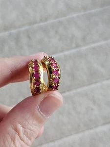 925 STAMPED STERLING / 14K YELLOW GOLD PLATED RUBY HOOP EARRINGS - Picture 1 of 4