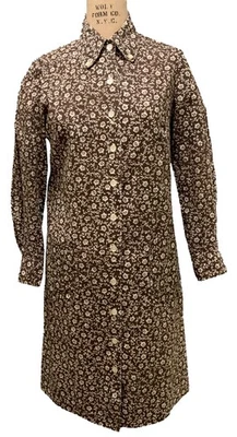 Vestido Camisa VERA Vintage Anos 60/70 Marrom + Branco Estampa Floral LS - Tamanho M - Imagem 1 de 4