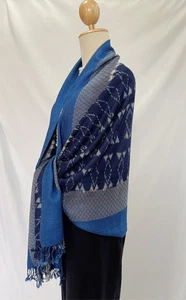 Thai Baumwolle Handgewebt Schal Halstuch Bio Indigo Blau Thai Muster mit Quasten - Bild 1 von 24