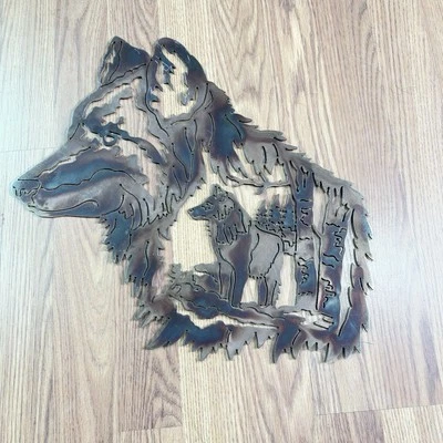 Arte de pared de metal Wolf Family decoración silueta diseño recortado rústico 16"x16 izquierda Foto 1 de 4