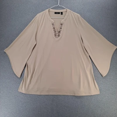 Camisa Susan Graver Mujer XL Beige Adornada Túnica Top Manga Campana 3/4 Foto 1 de 4