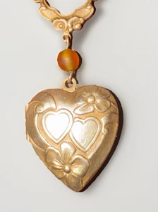 Vintage verzierte piddly Glieder Blumen Herz Medaillon Halskette viktorianisches Revival 16" - Bild 1 von 21