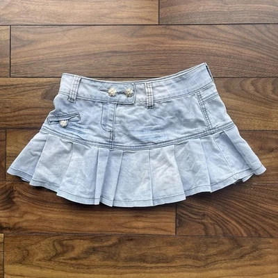 Mini light blue denim skirt with silver flower  buttons #y2k Pleated Hem uk 6 - Image 1 of 4