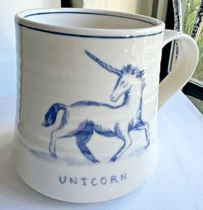 Anthropologie Molly Hatch blau & weiß Einhorn Steinzeug Becher 16 Unzen mystisch gebraucht, in einwandfreiem Zustand - Bild 1 von 7