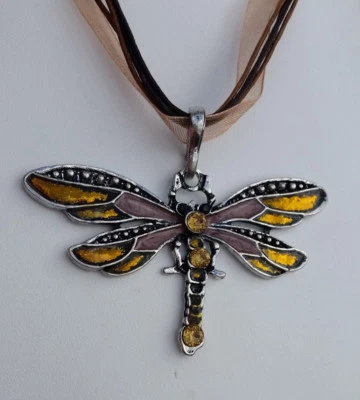 Bänderkette braun Anhänger Libelle 7 cm gelb braun Glitzer K 46a - Bild 1 von 4