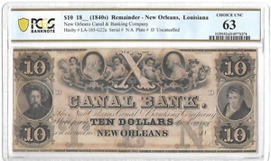 1840s $10 Paper Money New Orleans Banknote PCGS 63 UNC Vintage Canal Bank Bill - Picture 1 of 2